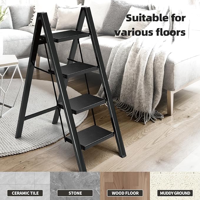 HillhutApex 4 Step Ladder, Lightweight Foldable 4 Step Stool with Anti-Slip Wide Pedal, 330lbs Capacity Aluminum Ladder for Household,Office,Garage(Black)