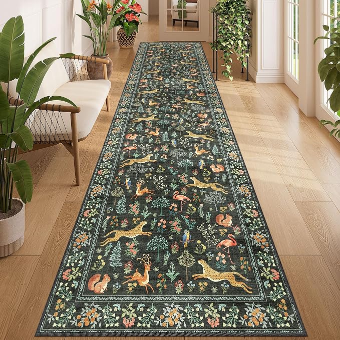 DUKINO 3x12 Runner Rug, Non Slip Animal Print Runner Rug for Hallway, Vintage Low Pile & Stain Resistant Soft Indoor Long Carpet Runner for Kitchen, Bathroom, Laundry, Bedroom, Black