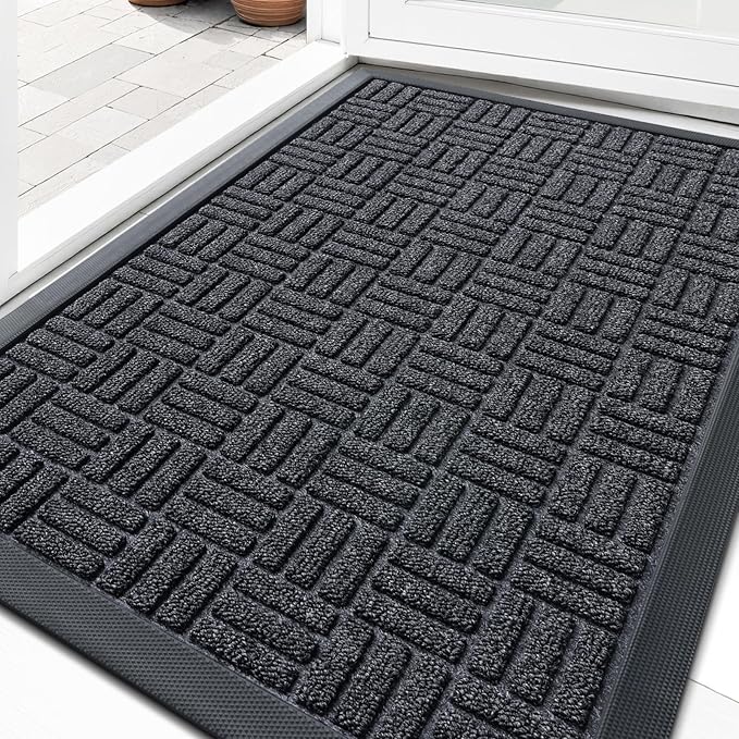 OLANLY Front Door Mat Outside Entrance 33x21, Absorbent, Heavy Duty Sturdy Natural Rubber Doormat Indoor Outdoor, Non-Slip, Stain and Fade Resistant, Low Profile Floor Mat for Entryway, Black Gray