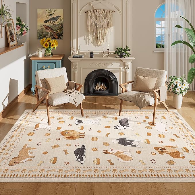 DUKINO 4x6 Area Rug, Non Slip Washable Rug for Living Room with Low Pile Design, Lightweight & Non Shedding Animal Dog Print Indoor Carpet for Bedroom, Dining Room, Kids Room, Office, Beige Yellow