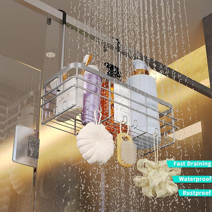 HapiRm Hanging Shower Caddy Organizer - No Drilling Shower Organizer with Hooks, Rustproof & Waterproof 304 Stainless Steel Bathroom Shelves - Silver (1 Basket)