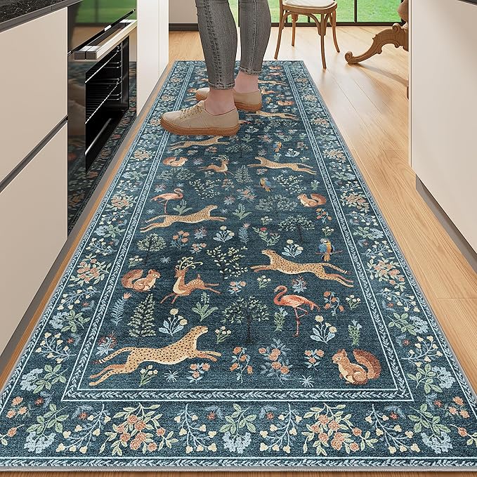 DUKINO 2.6x8 Rug for Hallway, Washable Kitchen Runner Rug with Non Slip Backing, Soft Low Pile Vintage Animal Runner for Bedroom, Kitchen, Hallway, Entryway, Laundry, Blue