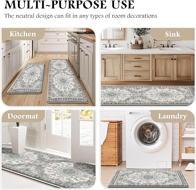 Boho Kitchen Mats for Floor 2 Piece Set Anti Fatigue Cushioned PVC Kitchen Rugs Non Slip Waterproof Farmhouse Mats 2/5 Inch Comfort Standing Mat for Sink, Laundry, 17.3"x59"+17.3"x28", Beige Grey