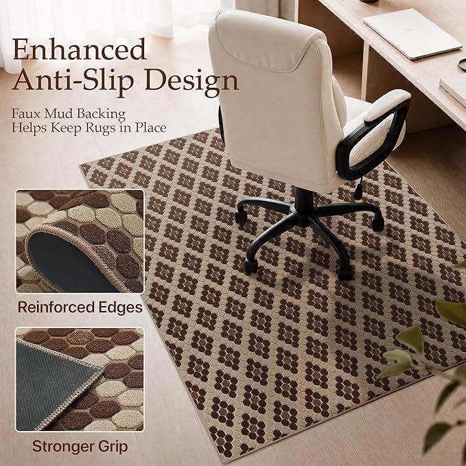 48"x60" Office Chair Mat for Hardwood Tile Floor, Under Desk Carpet Protector for Rolling Computer Chair Mat, Machine Washable Area Rug, Anti-Slip 1/5" Thick Low Pile Thin Floor Mat, Brown Coffee