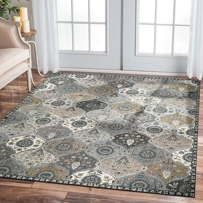 Lahome Moroccan Washable Area Rug 6x9, Ultra-Thin Large Living Room Rugs for Bedroom, Oriental Trellis Distressed Non Shedding Throw Carpet for Dining Room Office Elise, Grey