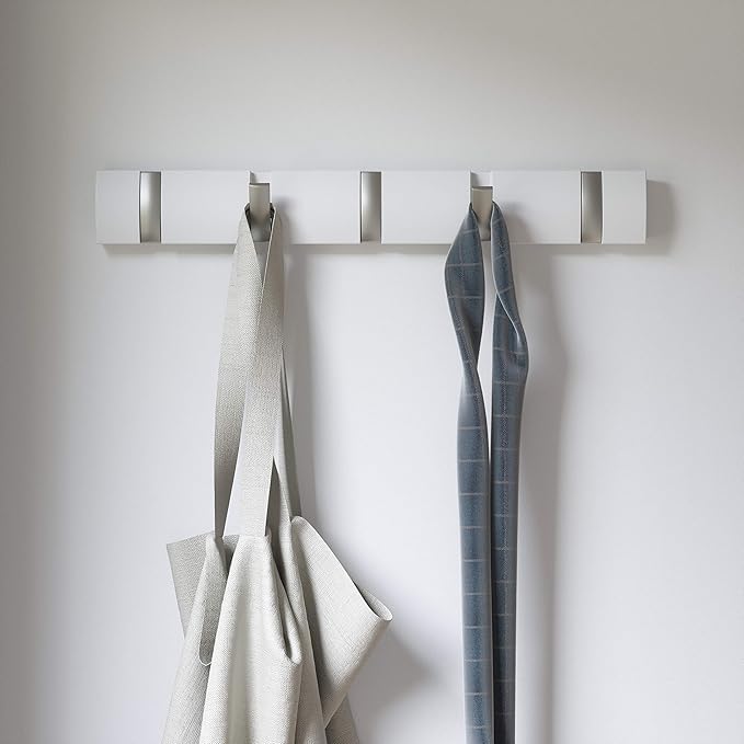 Umbra Flip Wall-Mounted Coat Rack with 5 Hooks – Modern, Space-Saving Storage for Hats, Jackets, Bags, Entryway, Mudroom, Closet, Bathroom, Bedroom – White/Nickel