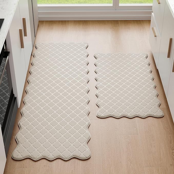 Arenarug Upgrade Scalloped Embossed Kitchen Mats for Floor 2PCS Cushioned Anti Fatigue Waterproof Foam Kitchen Rugs Non Slip Washable Comfort Standing Mat for Sink Laundry,17.3"x30"+17.3"x47",Khaki