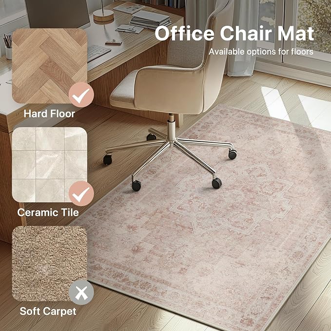 48"x60" Office Chair Mat for Hardwood Tile Floor, Under Desk Carpet Protector for Rolling Computer Chair Mat, Machine Washable Area Rug, Anti-Slip 1/5" Thick Low Pile Thin Vinyl Floor Mat, Light Pink