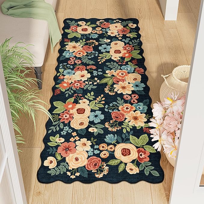 DUKINO 2x5 Washable Runner Rugs, Non Slip Floral Print Entryway Rug with Soft Low Pile, Lightweight Mat for Living Room, Bathroom, Bedroom, Kitchen, Navy Blue