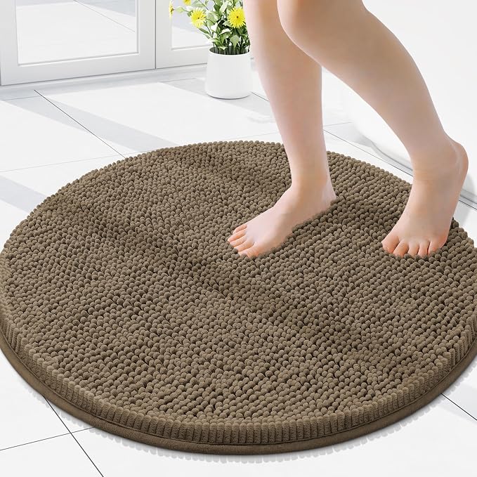 Smiry Luxury Chenille Round 24x24, Extra Soft and Absorbent Shaggy Bathroom Mat Rugs, Machine Washable, Non-Slip Plush Carpet for Tub, Shower, and Bath Room, Camel
