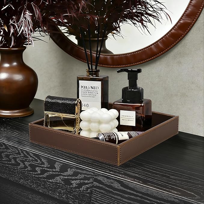 HofferRuffer Faux Leather Vanity Tray, Elegant Desktop Storage Organizer, Decorative Catchall for Perfume, Bathroom Valet, Nightstand or Dresser, 10 x 10 x 1.8 inches (Brown)