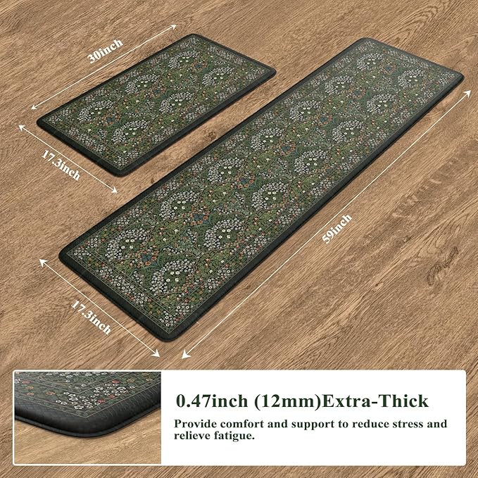 Collive Kitchen Mats Cushioned Anti Fatigue, Waterproof Kitchen Floor Mat Non Slip Desk Rugs Comfort Standing Rug for Sink, Office, Laundry, Home Decor, Dark Green