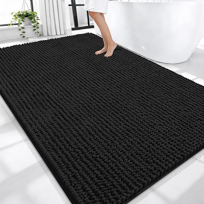 OLANLY Thick Large Bathroom Rugs 70x46, Extra Soft Absorbent Chenille Bath Rugs, Rubber Backing, Machine Wash Dry, Bath Mats for Bathroom Floor, Tub and Shower, Home Decor Accessories, Black