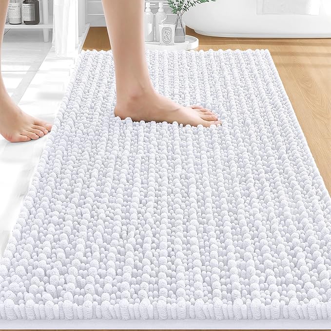 OLANLY Bathroom Rug Mat 30x20, Thick Soft and Absorbent Chenille Bath Mat, Non-Slip Rubber Backing, Machine Washable Quick Dry Bath Rugs for Tub Shower Floor, Home Decor Accessories, White