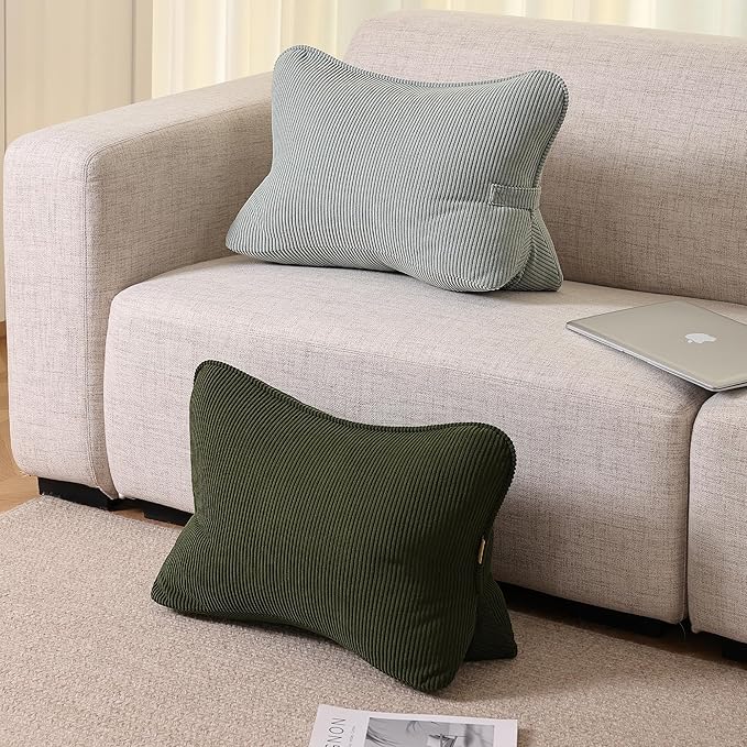 Pat. Pend. Corduroy Lumbar Support Back Pillow for Sitting Up & Reading, Ergonomic Triangle Back Support Cushion for Sofa, Armchair & Bed, Removable Washable Cover, Grey Green