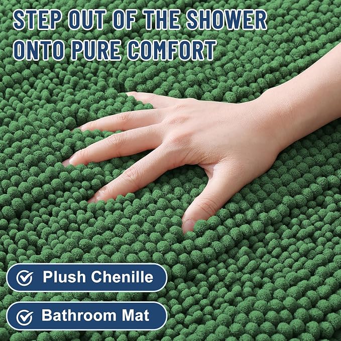 Grandaily Chenille Striped Bathroom Rugs 36x24, Extra Thick and Soft Absorbent Bath Mats, Rubber Backing, Plush Shaggy Shower Carpet, Machine Wash Dry, Bath Rug for Bathroom, Olive Green