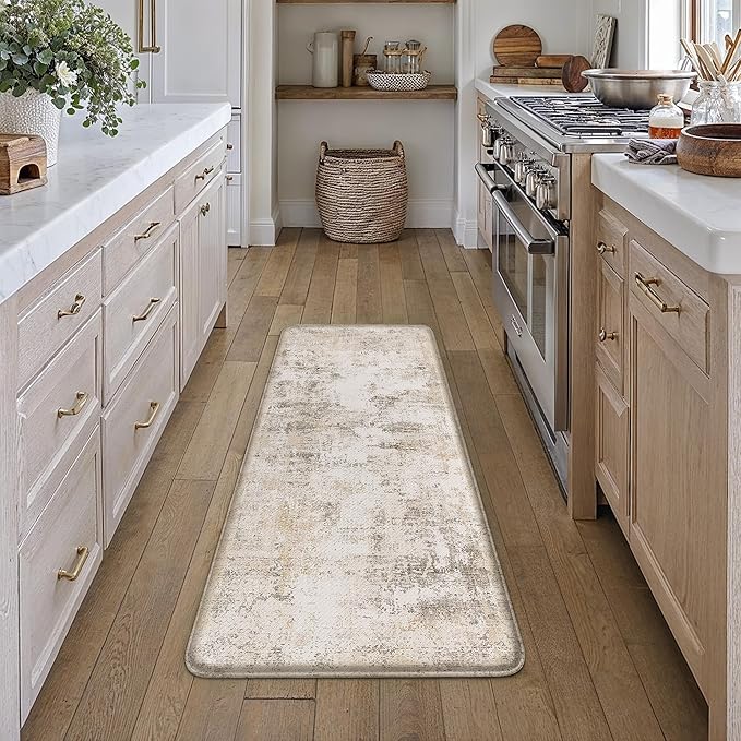 Kitchen Mats for Floor Set of 2 Thick Anti Fatigue Waterproof Kitchen Rug Beige Grey Abstract Cushioned Non-Slip Comfort Standing Mat for Sink Laundry Office 17.3"×47"+17.3"×30"