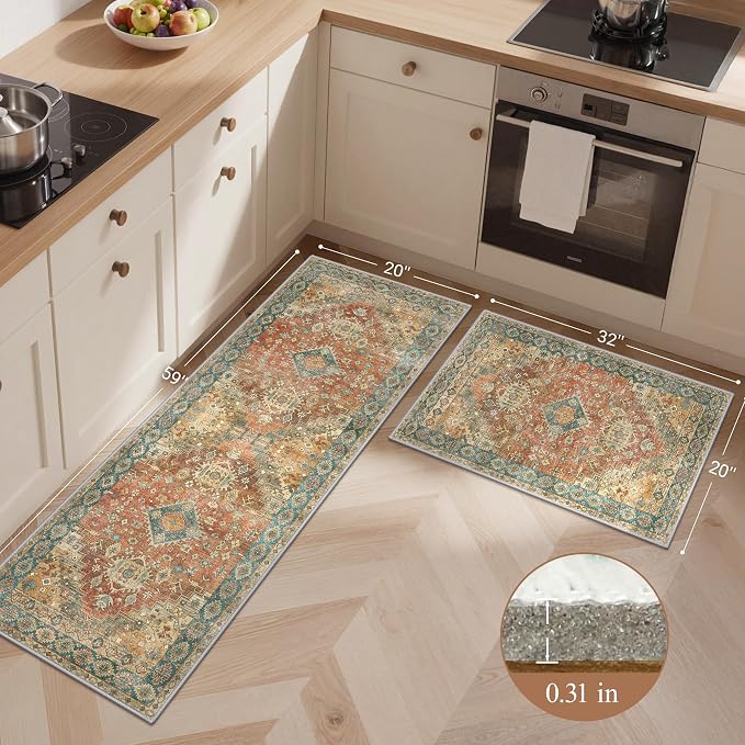 GENIMO Kitchen Rugs Non Slip Washable, 2PCS Kitchen Mats for Floor, Cushioned Standing Mat, Kitchen Runner Rug Floor Mat for Kitchen Decor, Laundry, Sink, Entryway, Home, 20"x32"+20"x59", Retrobrick