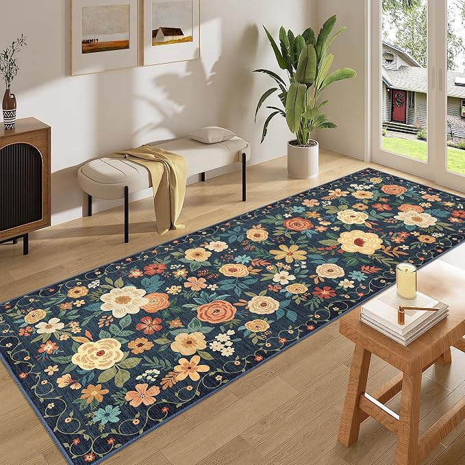 DUKINO 3x8 Runner Rug, Washable Rug for Kitchen with Non Slip Backing, Soft Non Shedding & Low Pile Design Long Floor Carpet Runner for Hallway, Bathroom, Entryway, Laundry, Navy Blue