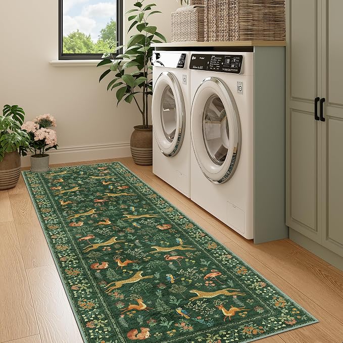DUKINO Runner Rug, 2x7 Washable Kitchen Rugs for Hallways with Non Slip Backing, Soft Low Pile Vintage Animal Runner for Kitchen, Hallway, Entryway, Laundry, Bedroom, Green