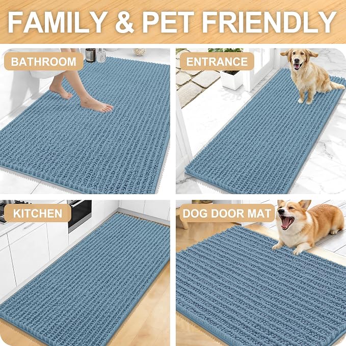 OLANLY Bathroom Rug Mat 70x46, Thick Soft and Absorbent Chenille Bath Mat, Non-Slip Rubber Backing, Machine Washable Quick Dry Bath Rugs for Tub Shower Floor, Home Decor Accessories, Airy Blue