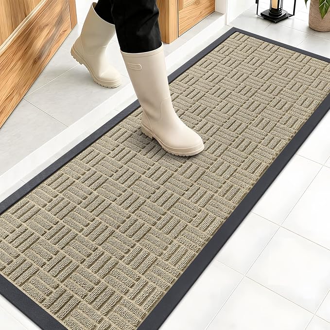 OLANLY Front Door Mat Outside Entrance 47x17, Absorbent, Heavy Duty Sturdy Natural Rubber Doormat Indoor Outdoor, Stain and Fade Resistant, Non-Slip Backing Low Profile Floor Mat for Entryway, Beige