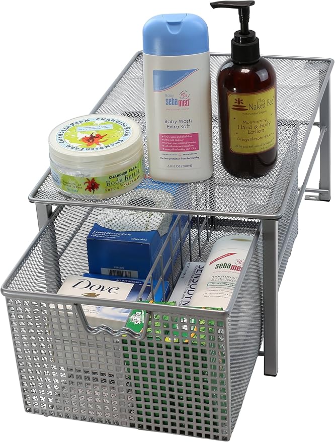 Deco Brothers Stackable Pull Out Cabinet Sliding Basket with Dividers, Large, Silver