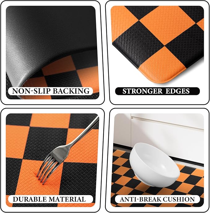 Black Orange Checkered Grid Checkerboard Kitchen Rug Sets [2 PCs], Anti-Fatigue, Waterproof Non-Slip Kitchen Mats Heavy Duty Ergonomic Comfort Foam Rug for Floor, Home,17"x29"+17"x47"