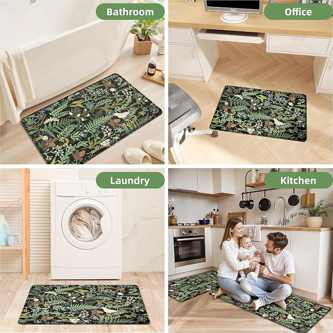 Black Green Botanical Kitchen Rugs Set of 2 Plant Leaf Anti-Fatigue Kitchen Mat Natural Comfort Standing Waterproof PVC Mats 2/5" Thick Leather Carpet for Laundry Office Sink(17.3" x28" + 17.3" x 59")