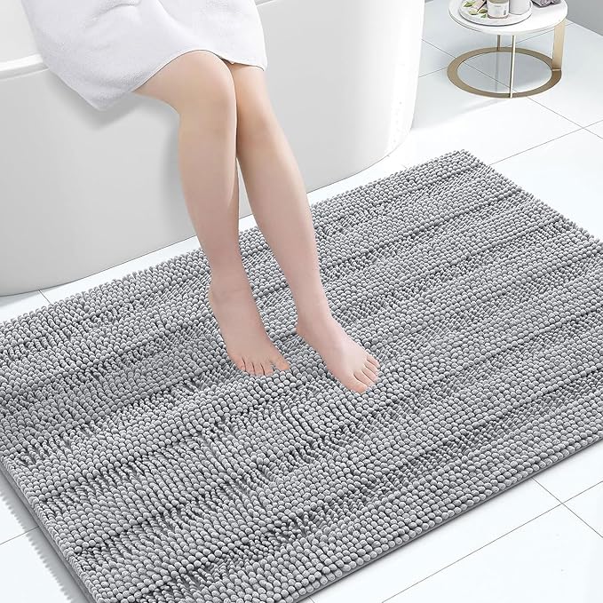 Grandaily Chenille Striped Bathroom Rugs 47x32, Extra Thick and Absorbent Bath Mats, Non-Slip Soft Plush Shaggy Shower Carpet, Machine Wash Dry, Bath Rug for Bathroom, Light Grey