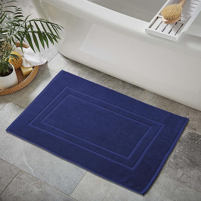 Feather & Stitch 2 Piece Towel Like Bath Mats (30x21 Inch) 100% Cotton Terry Bath Mats, Bathroom Shower Floor Mats [NOT A Bathroom Rug], Soft Absorbent Washable Mats - Navy Blue