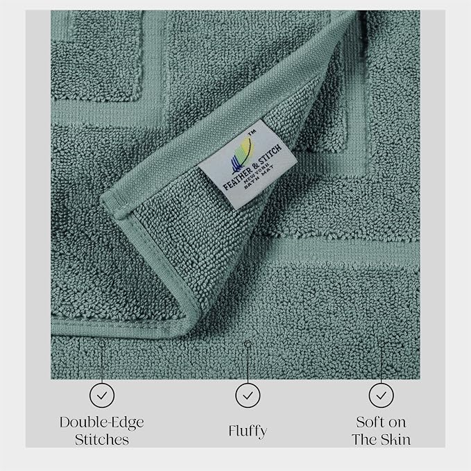 Feather & Stitch 2 Piece Towel Like Bath Mats (30x21 Inch) 100% Cotton Terry Bath Mat, Bathroom Shower Floor Mat [NOT A Bathroom Rug], Soft Absorbent Washable Mats - Granite Green