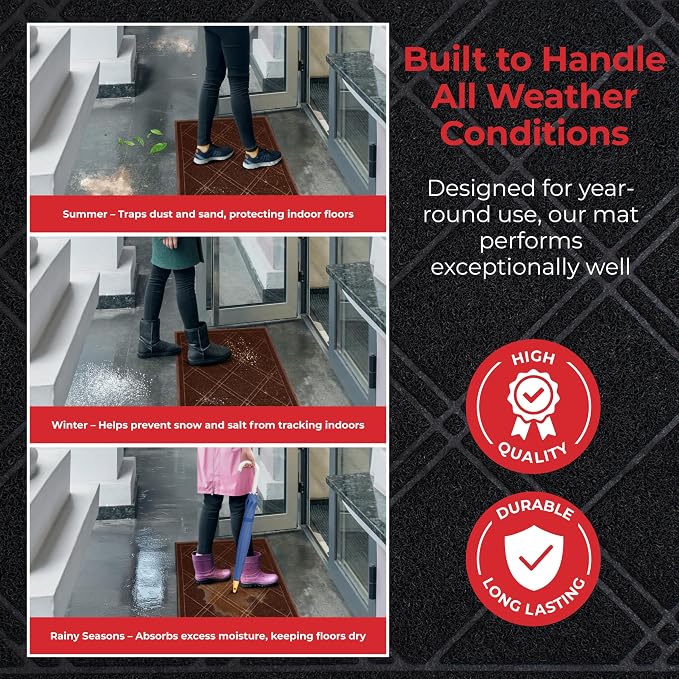 SlipToGrip Universal Door Mat, Plaid Design - Brown, 42 x 35 - Anti Slip, Durable and Washable, Outdoor and Indoor Floor Welcome Mat - Patio, Front Door, Dust Absorbent