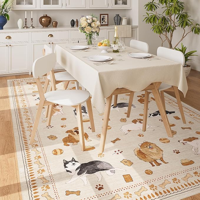 DUKINO 6x9 Rug for Living Room, Lightweight Animal Dog Print Washable Area Rug, Non Slip & Low Pile Floor Mat, Stain Resistant Large Carpet for Bedroom, Nursery, Farmhouse, Kids Playroom, Beige Yellow