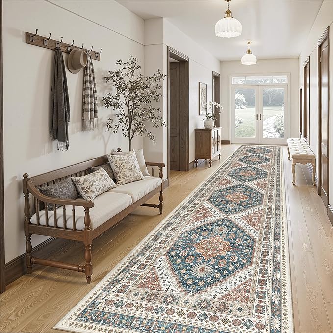 Madane Hallway Runner Rug 2'6''x14' Kitchen Runner, Non Slip Vintage Runners for Hallways Washable Kitchen Rugs Soft Low Pile 2.5x14 ft Rug Runner for Laundry Room, Entryway and Bedroom, Navy Blue