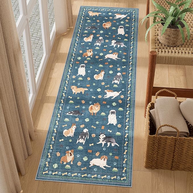 DUKINO 2x6 Washable Runner Rug for Hallway, Non Slip Animal Dog Kitchen Rug with Low Pile Design, Ultra Soft & Stain Resistant Indoor Carpert Runner for Entryway, Bedroom, Laundry, Bathroom, Blue