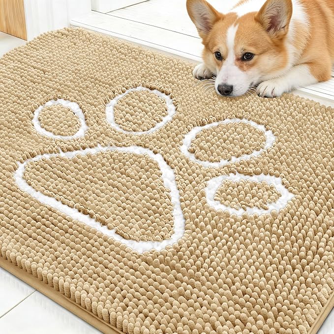 OLANLY Dog Door Mat for Muddy Paws 30x20, Paw Print Design, Absorbs Moisture and Dirt, Absorbent Non-Slip Washable Doormat, Quick Dry Chenille Mud Mat for Dogs, Entry Indoor Entryway Carpet, Beige