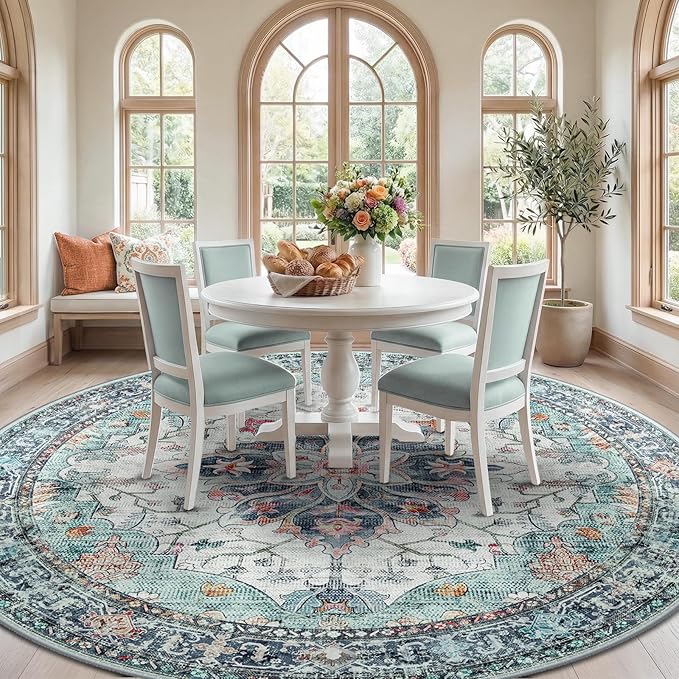 RELEANY Area Rugs Round 10ft Washable Non-Slip, Floral Vintage Distress Medallion Carpet for Living Room Bedroom Dining Room, Green Navy Blue White Red Teal
