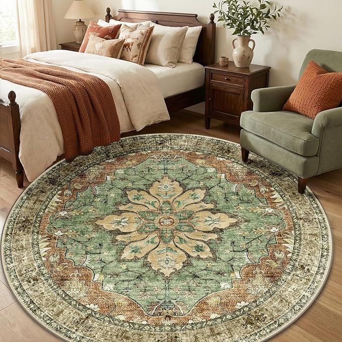 RELEANY Area Rugs Round 6ft Washable Non-Slip, Floral Vintage Distress Medallion Carpet for Living Room Bedroom Dining Room, Terracotta Burnt Orange Green