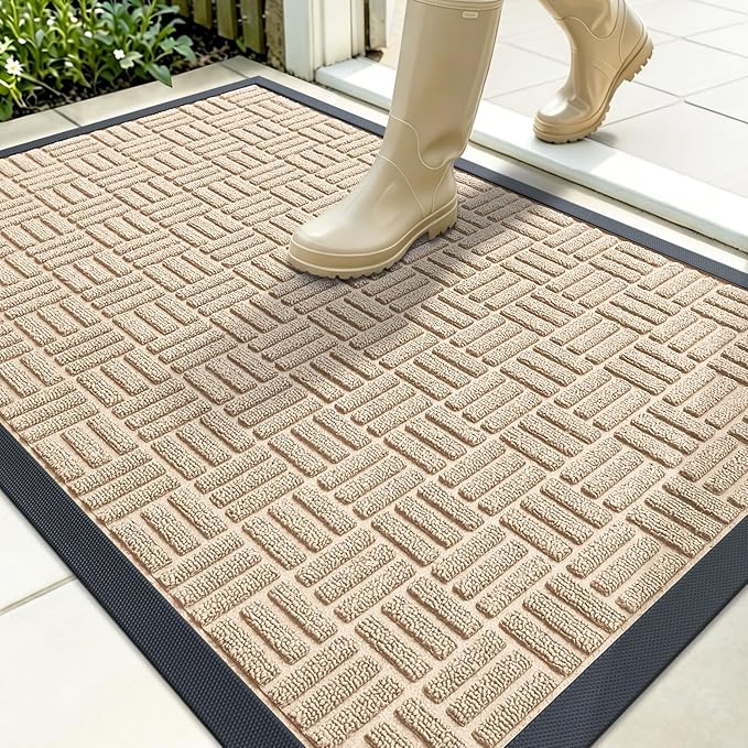 OLANLY Front Door Mat Outside Entrance 35x23, Absorbent, Heavy Duty Sturdy Natural Rubber Doormat Indoor Outdoor, Non-Slip, Stain and Fade Resistant, Low Profile Floor Mat for Entryway, Latte White
