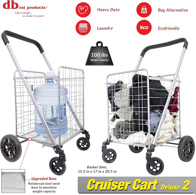dbest Products Cruiser Cart Deluxe 2 Germ Guard Bundle Shopping Handle Grocery Rolling Folding Laundry Basket on Wheels Foldable Utility Trolley Compact Lightweight Collapsible