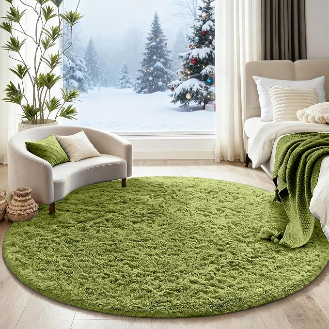 Ophanie Round Rug 5Ft Green Circle Area Rug, Green Room Decor, Fluffy Fuzzy Bedroom Carpet, Plush Soft Shaggy Living Room Rugs for Kids Home Decor Aesthetic, Nursery