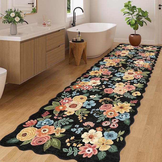 DUKINO 3x10 Washable Runner Rug, Non Slip Floral Ultra Soft Runner for Hallway, Lightweight Low Pile & Stain Resistant Long Throw Carpet for Kitchen, Bathroom, Entrance, Bedroom, Kids Room, Black