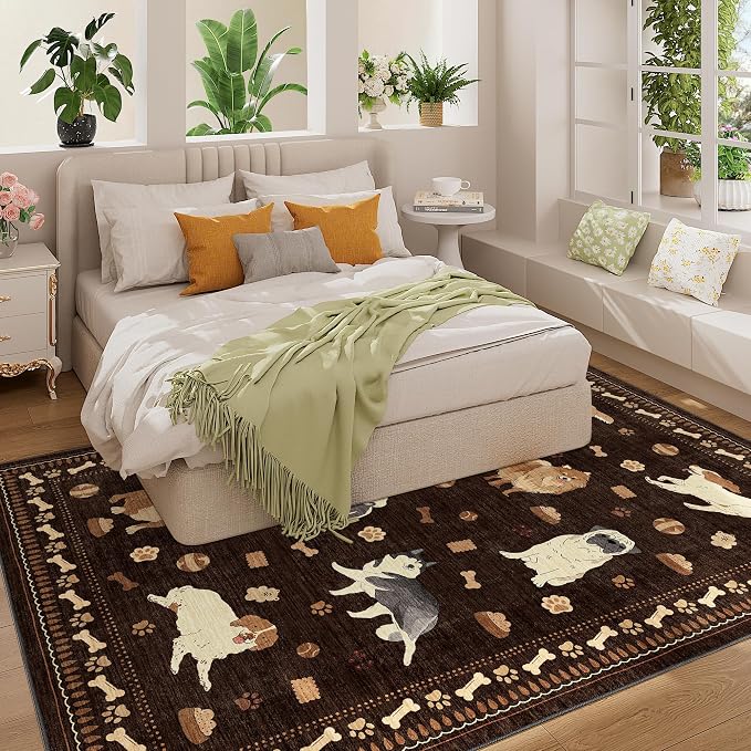 DUKINO 5x7 Rug for Living Room, Lightweight Animal Dog Print Washable Area Rug, Soft Non Slip & Low Pile Floor Mat, Stain Resistant Large Carpet for Bedroom, Nursery, Dining Room, Kids Playroom, Brown