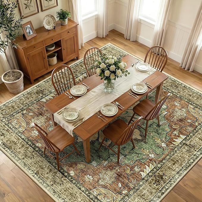 RELEANY Area Rugs Square 10ft Washable Non-Slip, Floral Vintage Distress Medallion Carpet for Living Room Bedroom Dining Room, Terracotta Burnt Orange Green