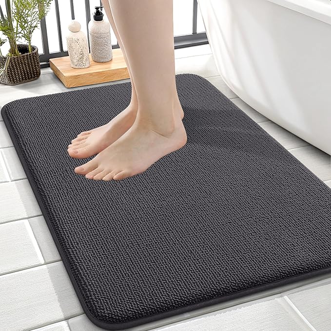 OLANLY Thick Memory Foam Small Bathroom Rugs 24x16, Extra Soft Absorbent Bath Rug, Quick Dry Bath Mat, Non-Slip, Machine Washable Carpet for Bathroom, Tub and Shower, Home Decor Accessories, Dark Grey