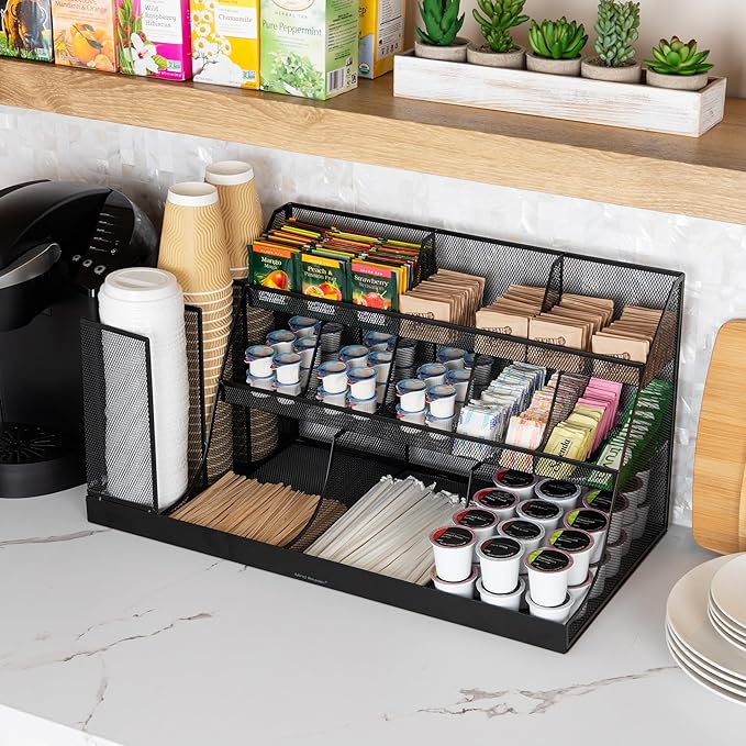 Mind Reader Cup and Condiment Station, Breakroom Countertop Organizer, 3-Tier Storage for Office Coffee Stations and Shared Spaces, Metal Mesh, Black