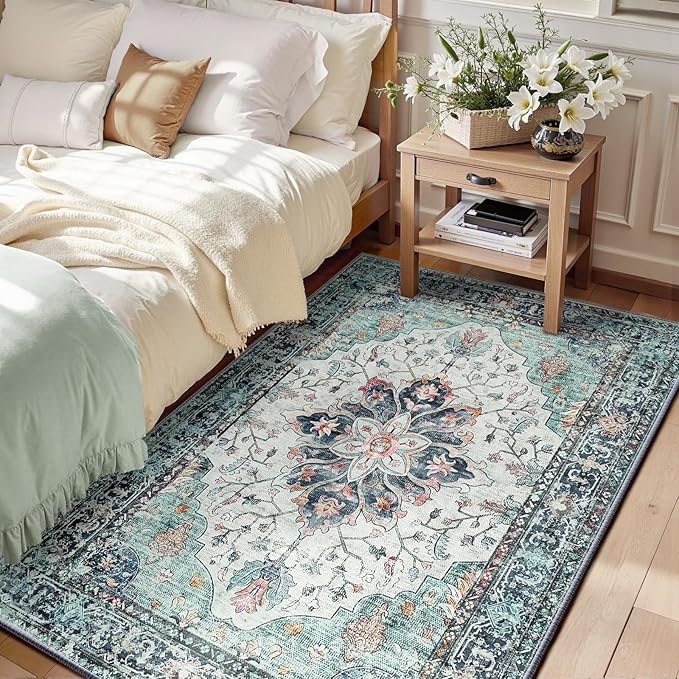 RELEANY Area Rugs 3'x5' Washable Non-Slip, Floral Vintage Distress Medallion Carpet for Living Room Bedroom Dining Room, Green Navy Blue White Red Teal