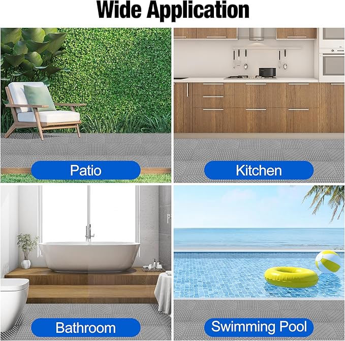 ToLanbbt Modular Interlocking Cushion 12P 11.8" x 11.8" Interlocking Rubber Floor Drain Holes Non-Slip Splicing Drainage Mats for Deck, Shower, Kitchen, Drain Pool, Sauna Bath (Grey, 2 Rows Dots)