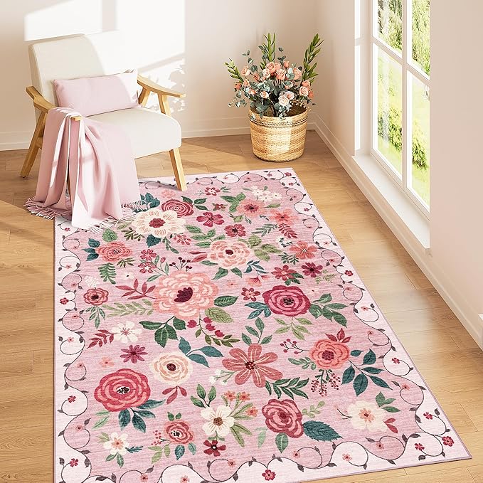 DUKINO 3x5 Area Rug, Floral Rugs for Living Room, Lightweight Non Slip Washable Rug, Indoor Low Pile & Non-Shedding Boho Design Rugs for Bedroom, Living Room, Dining Room, Pink